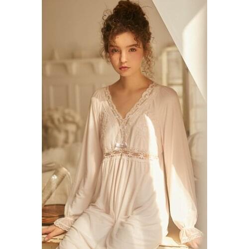 Nightgown Women Lace Long sleeve Nightgown Elegant Sleepwear Dress For Women Nightdress Red Pink White