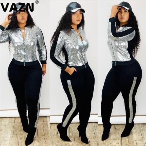 VAZN Chic new product 2020 sexy lady 2 colors long set full sleeve zipper fly slivers tops long pants set young girl cool sets