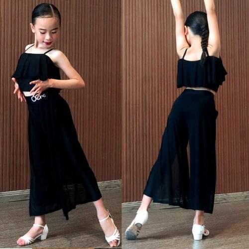 Latin Dance Practice Wear For Girls Black Tops Loose Chiffon Pants Set Modern/Tango/Ballroom Costume Summer Girls Clothes BL4372