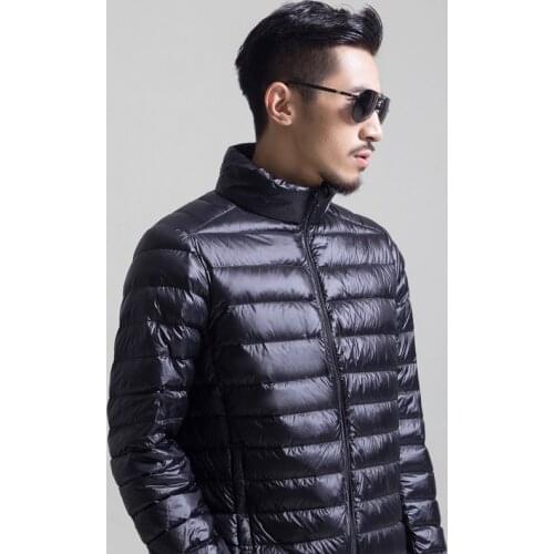2020 Autumn Winter mens White duck down jacket light and thin Solid color down coat Casual male slim Stand collar zip outwear