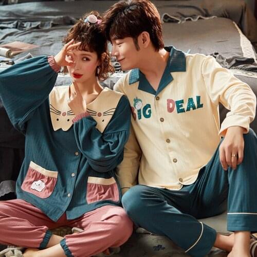 Couple Pajamas Set Autumn Cardigan Pyjamas Women and Men Pajamas Long Sleeve Sleepwear Lounge Pijama Plus Size pajama