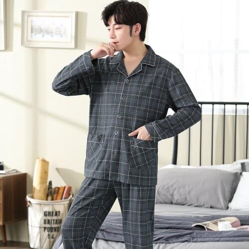Autumn 100% Cotton Pajamas For Men Dark Gray Plaid Sleepwear Big Yards Pyjama Homme Pijamas Hombre Invierno Full Cotton Pyjamas