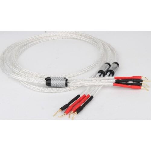 One Pair 8AG Silver Plated 16 Stands HIFI OCC Speaker Cable With 2mm Pin Banana Plug Loudspeaker Cable,BRAND NEW BRAID OCC SP