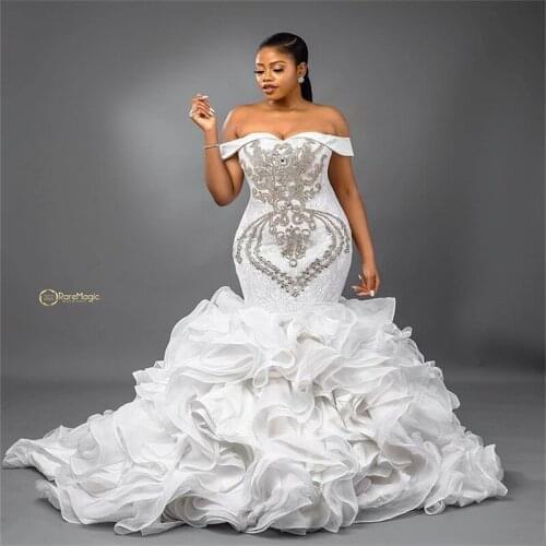 Plus Size Luxury Mermaid Wedding Dresses Crystal Lace Beads Bridal Gowns African Ruffles Organza Custom Made Vestidos De Novia