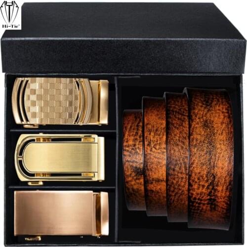 Luxury Boxed Orange Brown Tan Genuine Leather Mens Belts Designer Three Automatic Buckles & One Ratchet Strap Set Men Belt Gift