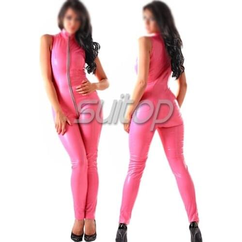 Suitop latex Sleeveless catsuit tights sexy jumpsuits with front Metal zipper