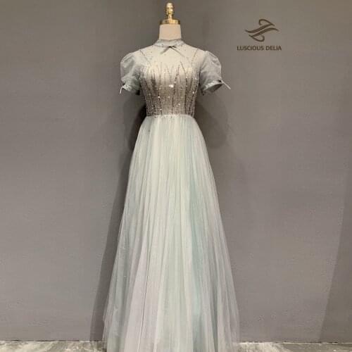 High Split Tulle O-Neck green evening Dresses 2021 Formal Party Gown String beads Dress Luscious Delia