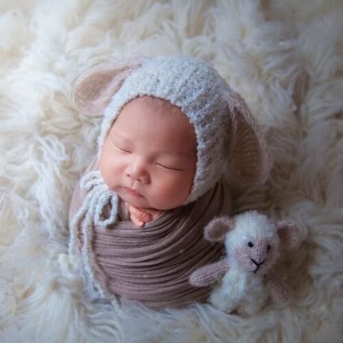 Knitted Sheep Bonnet and Soft Toy Newborn Lamb Set Photography Props Crochet Mohiar Sheep Doll Baby Photo Props