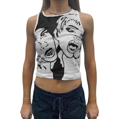 Y2k Summer Sexy Midriff-baring Camisole Creative Human Head Printing Round Collar Sleeveless Tops Slim Base Shirt