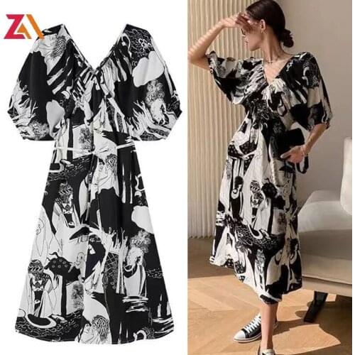 ZALady Fashion Korean Midi Dress Summer Traf Aesthetic Vintage Printed Loose V-neck Chic Casual Dresses Women Clothing Femme