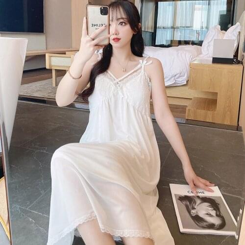 Ladies Long Mesh Nightgown Sexy V-Neck Strap Nightdress Sweet Lace Bow Sleepwear Intimate Lingerie Home Dress Summer New Pajamas