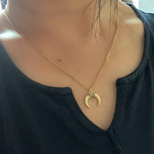 Vintage Color Micro Pave CZ Moon Horns Charm Necklace for Women Boho Gold Color Stainless Steel Chain Small Pendant Necklace
