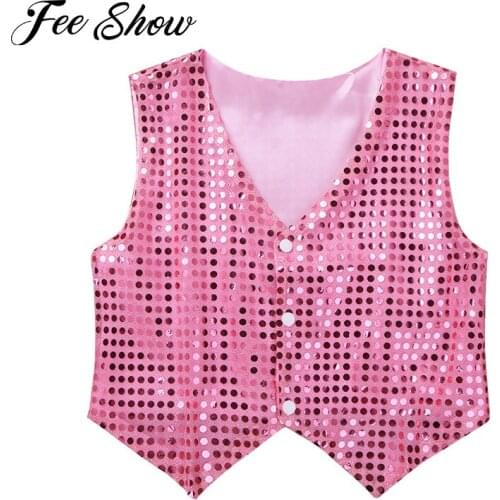 Teen Boys Girls Jazz Vest Children Glitter Clothes Choir Performance Costume Kids Hip-hop Jazz Dance Sequined Vest Waistcoat