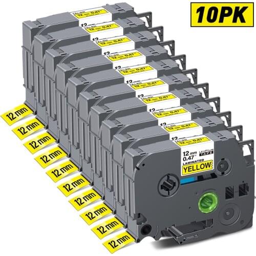 UniPlus 10PK tze231 tze631 tz631 12mm Label Tapes Compatible Brother P touch Label Printer Black on Yellow for Brother Labeller