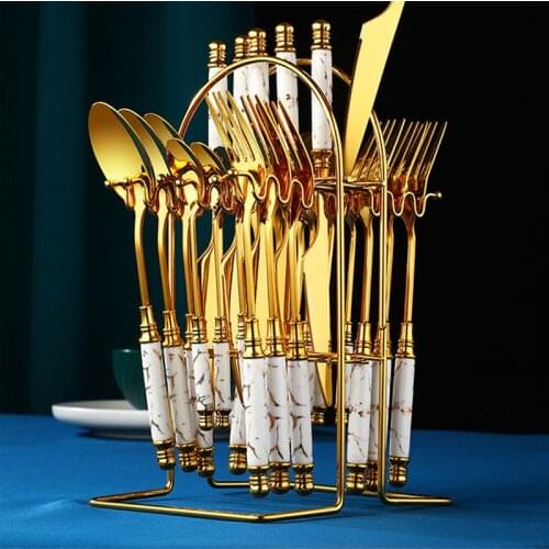 24pcs Gold Dinnerware Set Stainless Steel Tableware Set Knife Fork Spoon Luxury Cutlery Set With Storage Rack Dishwasher Safe