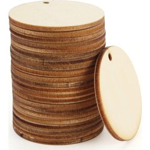 50pcs Round Shape Wooden Ornament Wood Piece Natural Scrapbooking Decoration Handmade Chip Hanging Pendant Slice DIY Craft