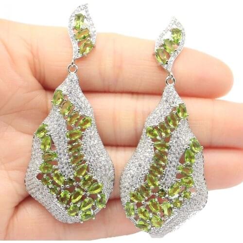 68x28mm Awesome Long Big 17g Created Green Peridot White CZ Gift For Womans Silver Earrings