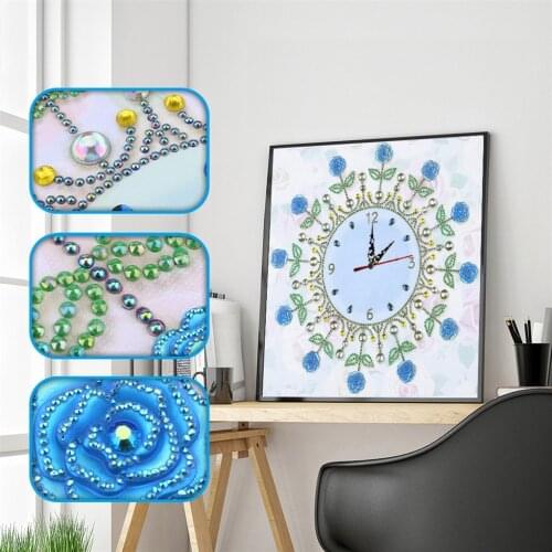 DIY Special Shaped Diamond Painting Blue Flower Wall Clock Crafts Embroidery Cross Stitch Mosaic Home Art Decoration 35x35cm