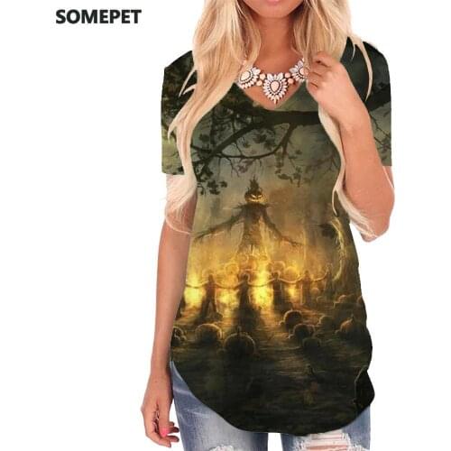 SOMEPET Halloween T-shirt women Pumpkin Tshirts Printed Bat T-shirts 3d Tree V-neck Tshirt Womens Clothing Fashion Loose Style