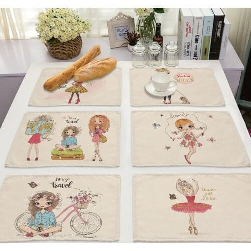1Pcs Cute Girl Cotton Linen Pad Pattern Kitchen Placemat Kawaii Coaster Bowl Cup Mat Dining Table Mats 42*32cm Home Decor PM0044