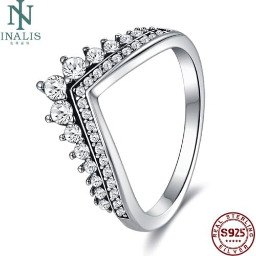 INALIS Real 925 Sterling 5A Clear Cubic Zircon Crown Ring Classic Stackable Silver Jewelry For Women Wedding Anniversary Gift