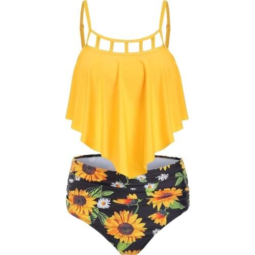 Swimwear Women Ruffles Sunflower Print Bikini Push-Up Padded Bra Beach High waist bikini Set Sexy Swimsuit Beachwear Brazilian