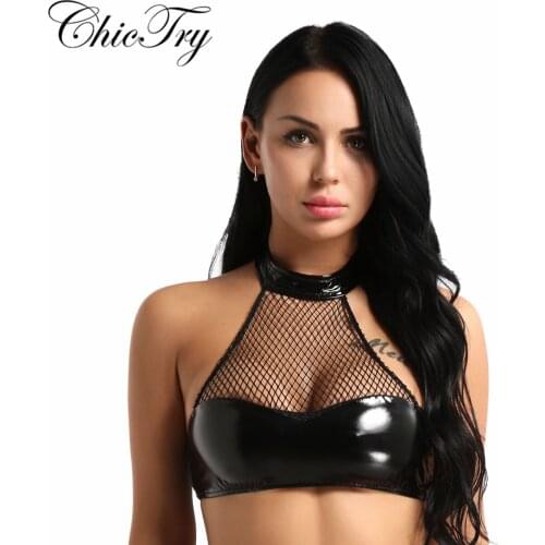 Fashion Women Female Neck Halter Backless Lingerie Fishnet Faux Leather Wire-free Unlined Bra Tops Nightwear Clubwear Crop Top