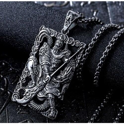 Men Fashion Retro Titanium Guan Yu Door-god Patron Saint Exorcism Necklace Pendant Jewelry