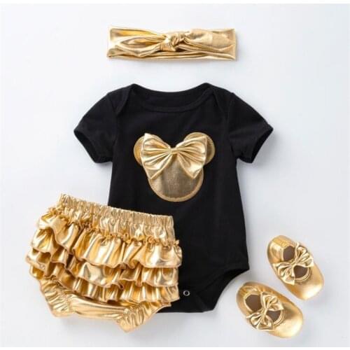 New Fashion Baby Girl Clothing Sets Minnie Print Short Sleeve Romper + PP Pants + Headban+Shoes 4Pcs Newborn Girl Golden Romper