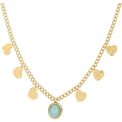 Retro Round Turquoise Pendant Necklaces Stainless Steel Love Heart Charm Clavicle Chain Golden Choker For Women Fashion Jewelry