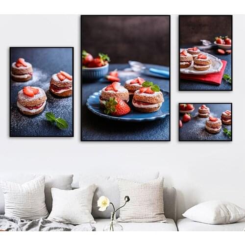 Modern Canvas Art Fruit Cake Foods Posters Strawberry Cake Print Painting Kitchen Home Decoration Wall Picture For Dining Room