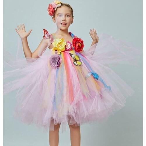Girls Floral Costume Dress For Wedding Bridesmaid Butterfly Design Tutu Dress Carnival Disguise Clothes Halloween Costumes Gown