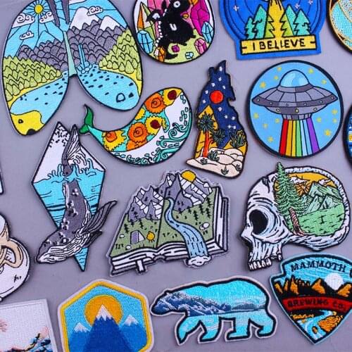 Pulaqi Mountain Travel Patches on clothes Space UFO Embriodered Patches For Clothes DIY Outdoor Adventure Applique Iron On Patch