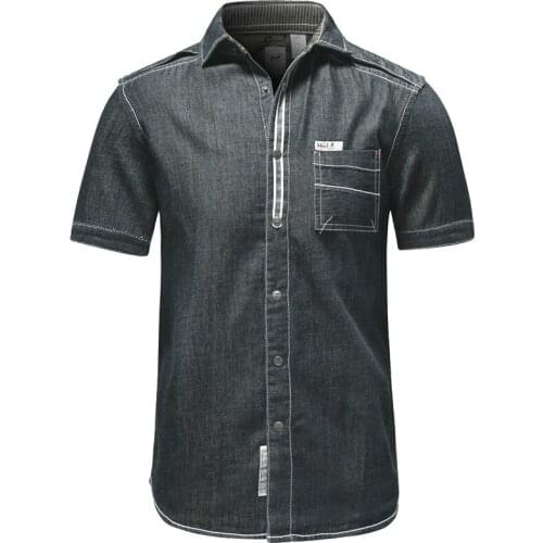 Summer Casual Mens Black Short Sleeve Denim Shirt , 2018 New Male Man Patchwork Cotton Shirts , Signle Breasted Blouse For Men