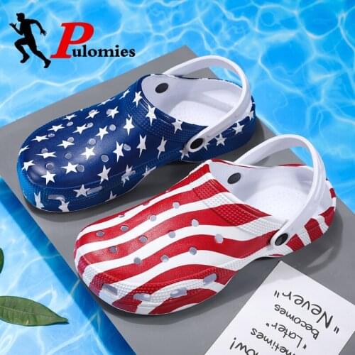 Summer Men Slippers American Flag Sandals Plus Size 45-52 Massage Clogs Outdoor Garden Shoes Men Pool Slides Mules Beach Slipper