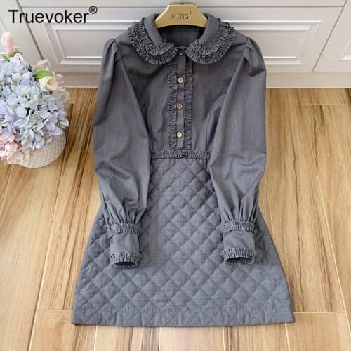 Truevoker Runway Fashion Autumn Dresses Womens Long Sleeve Peter Pan Collar Ruffle Patchwork Warm Dress