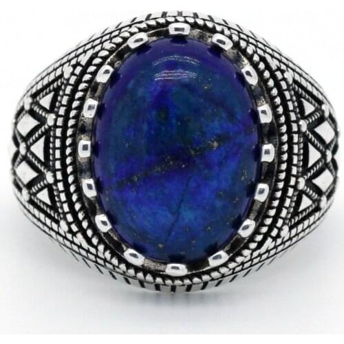 Turkish Ring for Men 925 Sterling Silver Vintage Lapis Lazuli Stone with Stripe Rings Silver Fine Jewelry to Male Husband Gift