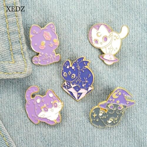 XEDZ Purple Blue Cat Enamel Brooch Trend Cartoon Space Cat Magic Hat Badge Jewelry Children Punk Pin Gift