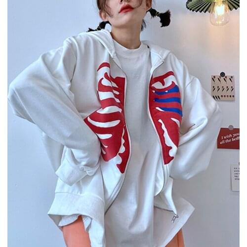 Y2K 2021 Womens Full Zip Hoodies Pullover Long Sleeve Heart Skeleton Print Loose Hooded Sweatshirts