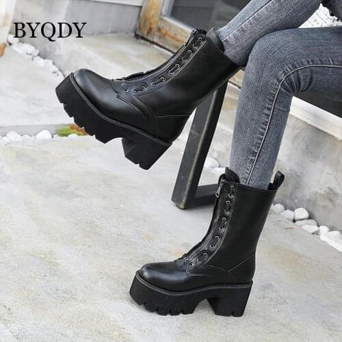 BYQDY Autumn Winter Women Black Thick Heel Platform Boots Round Toe PU Leather Mid-calf Boots Winter Shoes Wholesale New 2021