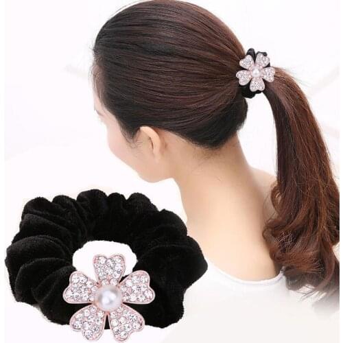 Women Black Velvet Elastic Hair Bands Pearl Crystal Rhinestone Ponytail Holders Hair Accessories Female Hair Scrunchies Tie Gum