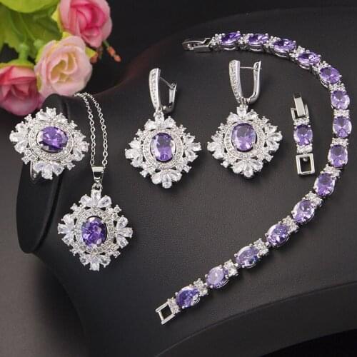 Funmode 4pcs Beauty Flower Purple Color Women Bridal Link Chain Necklace Jewelry Sets For Female Accessories Wholesale FS102