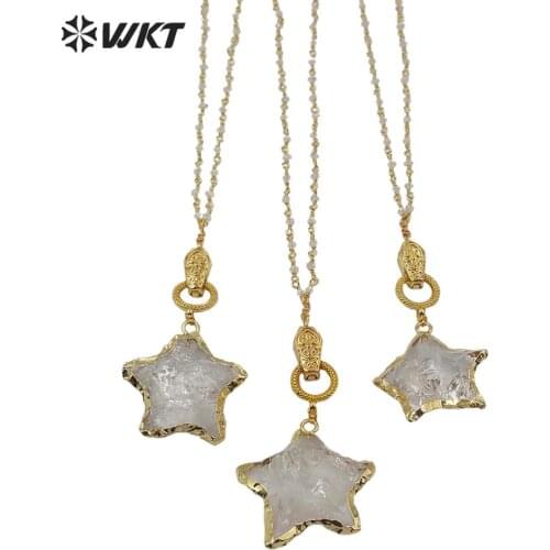 WT-N1214 Star necklace natural raw crys tal quartz with gold electroplated magnet buckle Necklace raw stone gold trim necklace