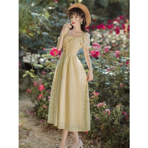 Womens Puff Sleeve Retro Slim Maxi Dress Square Collar French Sweet and Gentle First Love Dresses Summer Yellow Vestidos