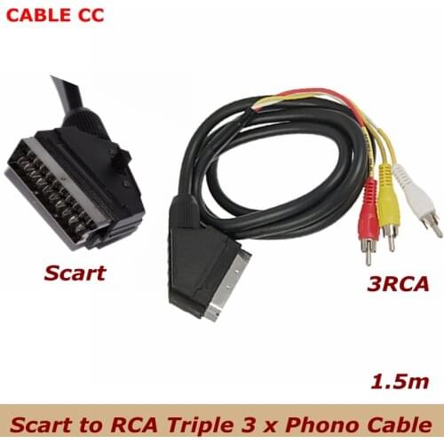 1.5m Scart to RCA Triple 3 x Phono cable composite audio video leads best price best quality European Standard SCART Line 21Pin