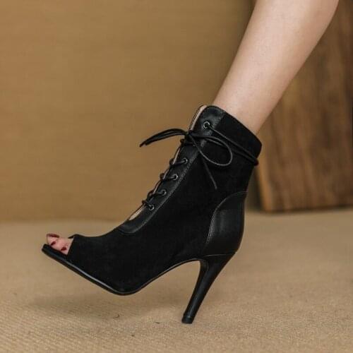 2021 New Arrival Women Ankle Boots Flock +pu Peep Toe Lace Up Splicing Summer Boots Thin High Heels Party Shoes Ladies Black