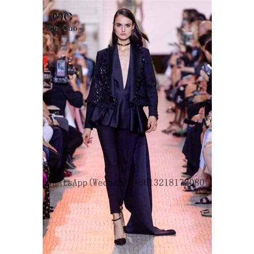 2021 Dark Blue Womens Jumpsuit Evening Dresses Long with Jackets Beaded Plus Size Evening Dress Prom Gowns