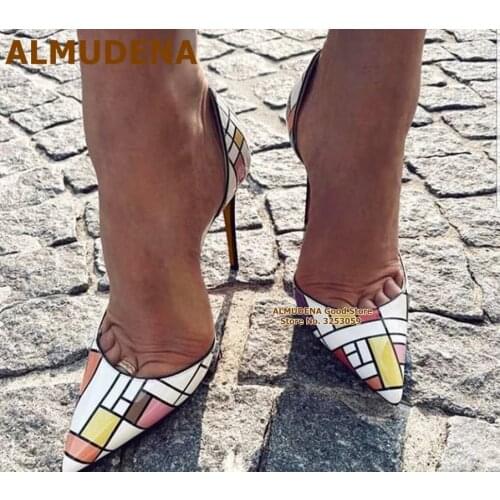 ALMUDENA Irregular Checkered High Heel Pumps Multi-color Patent Leather Plaided Wedding Shoes Printed 12cm Pointed Toe Shoes