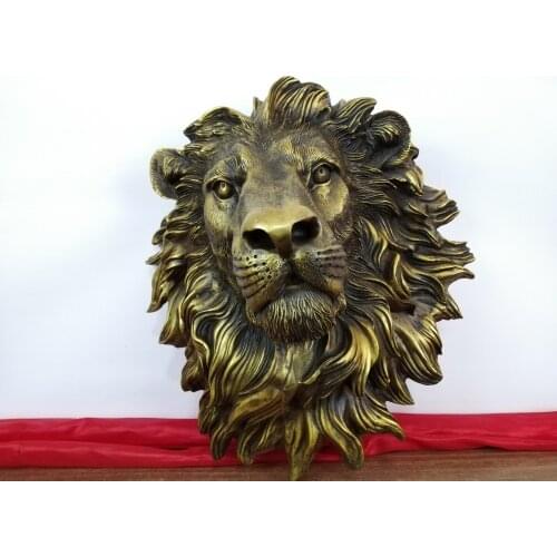 Free Shipping 16" China Copper Fengshui Lion Beast Head Sculpture Arts crafts Statue Decorative Bedroom Wall Hanging Ornaments