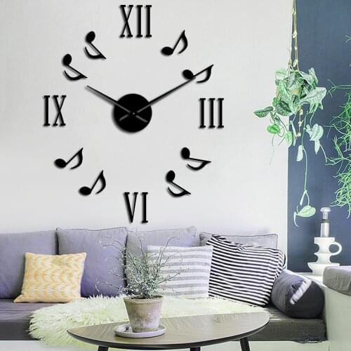 DIY Big Wall Clock Modern Roman Numerals Music Notes Giant 3D Mirror Large Number Clocks Watch Sticker Home Decoration Horologe
